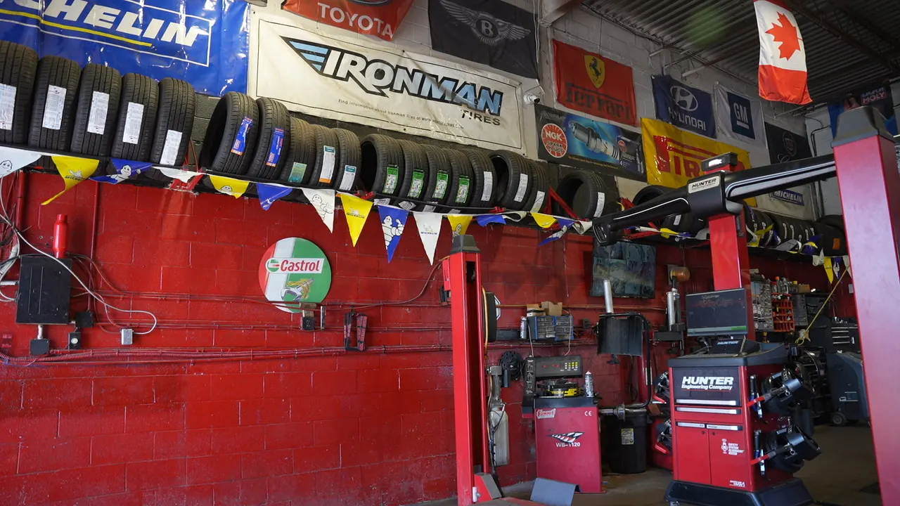 Tire racks and tire equipment at Mr. Memo Auto
