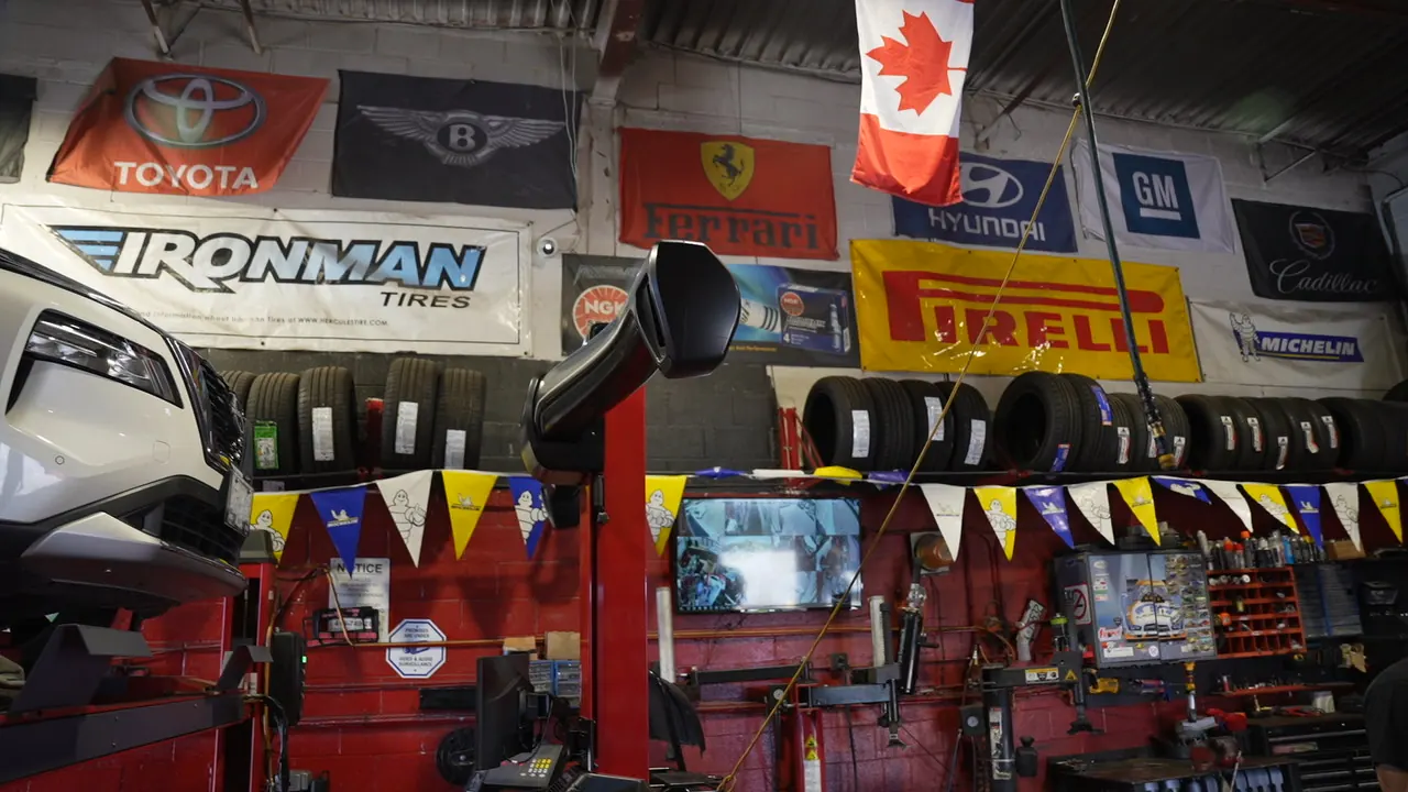Tires on overhead racks in our shop